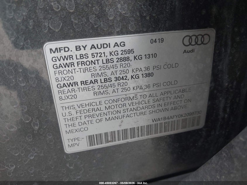 2019 Audi Sq5 3.0T Premium VIN: WA1B4AFY0K2099730 Lot: 45083267