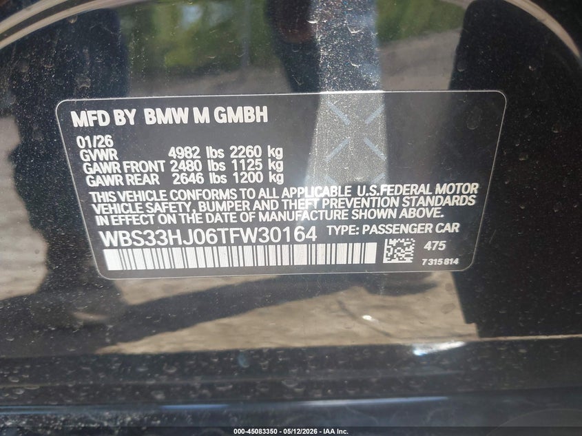2026 BMW M3 Competition xDrive VIN: WBS33HJ06TFW30164 Lot: 45083350