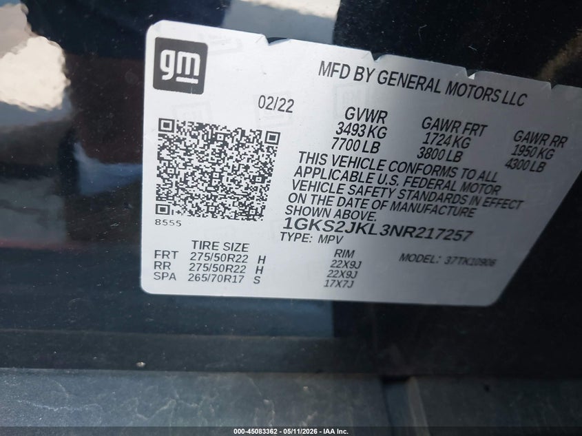 2022 GMC Yukon Xl 4Wd Denali VIN: 1GKS2JKL3NR217257 Lot: 45083362