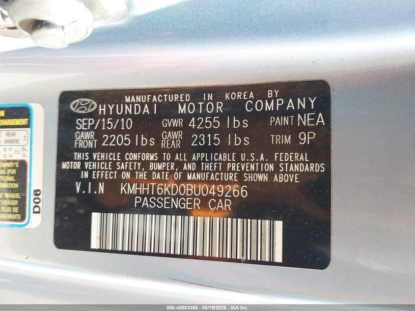 2011 Hyundai Genesis 2.0T VIN: KMHHT6KD0BU049266 Lot: 45083366