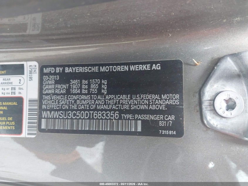 2013 Mini Hardtop Cooper VIN: WMWSU3C50DT683356 Lot: 45083372