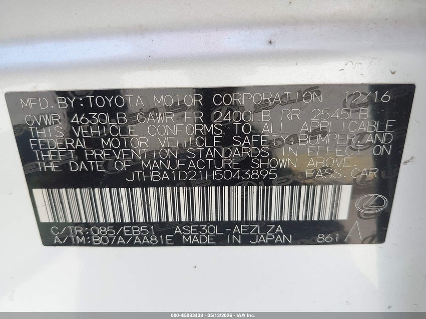 2017 LEXUS IS SEDAN 2.0L I-4 DI, DOHC, VVT, TURBO, 241HP
