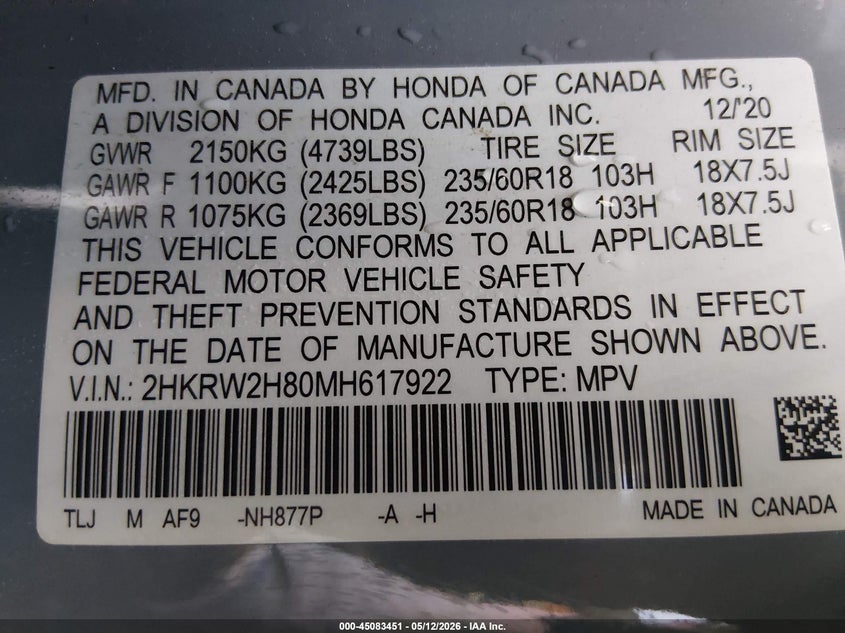 2021 HONDA CR-V AWD EX-L — Photo 9