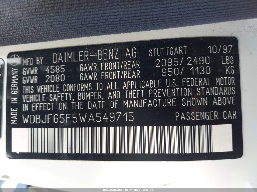 1998 Mercedes-Benz E 320 VIN: WDBJF65F5WA549715 Lot: 45083465