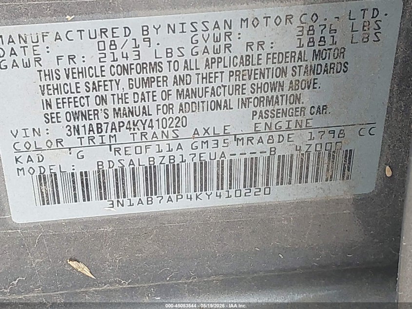 VIN 3N1AB7AP4KY410220 2019 NISSAN SENTRA S