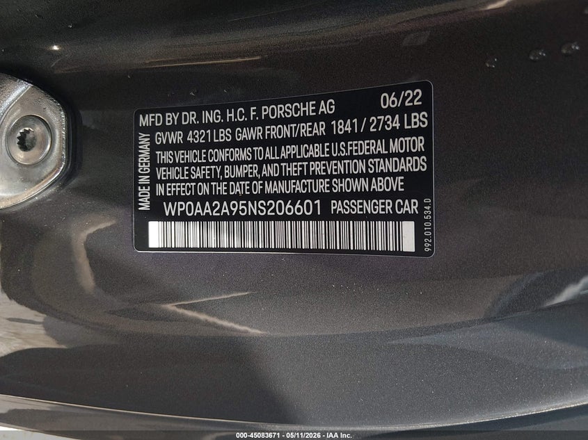 2022 Porsche 911 Carrera/Carrera 4 VIN: WP0AA2A95NS206601 Lot: 45083671