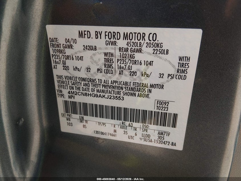 2010 Mercury Mariner Premier VIN: 4M2CN8HG9AKJ23553 Lot: 45083840