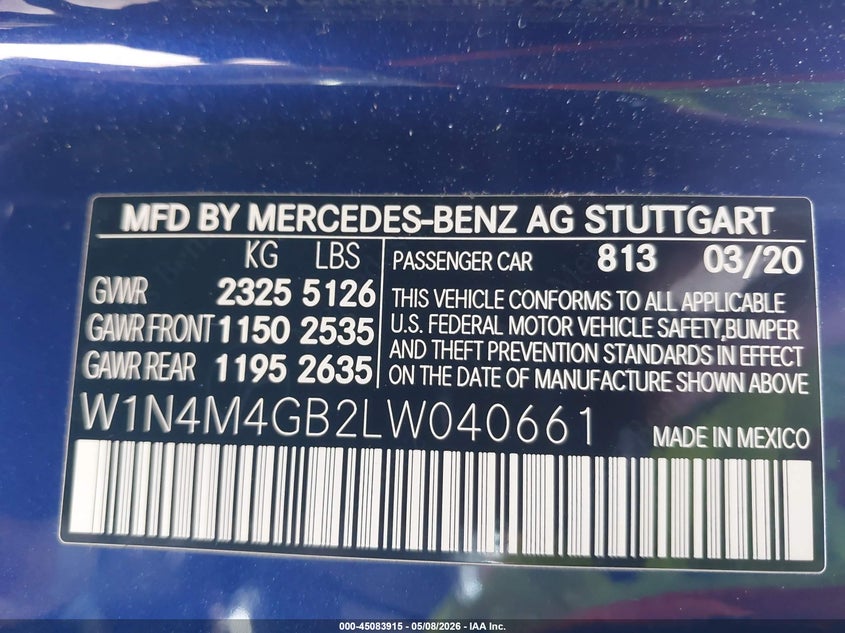 2020 Mercedes-Benz Glb 250 VIN: W1N4M4GB2LW040661 Lot: 45083915