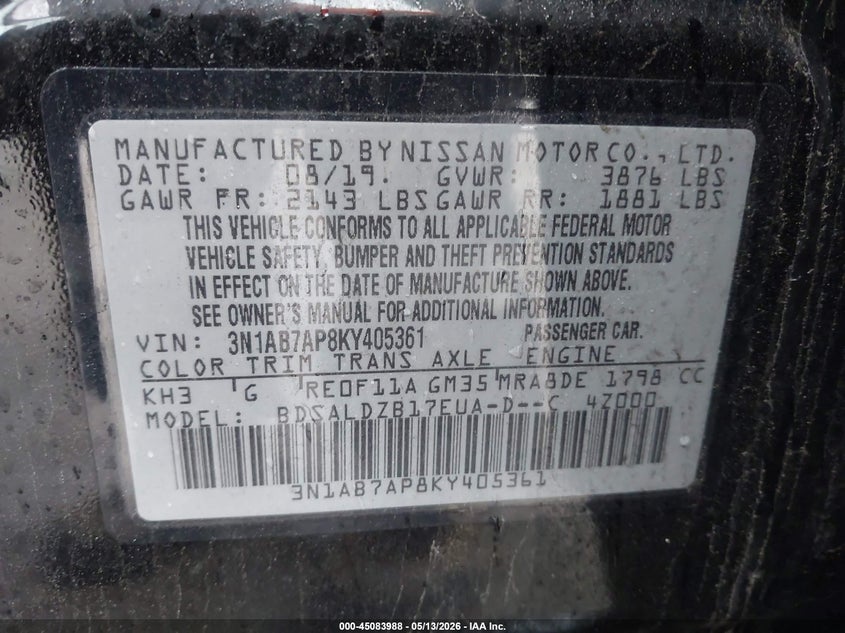 NISSAN SENTRA 2019 VIN 3N1AB7AP8KY405361