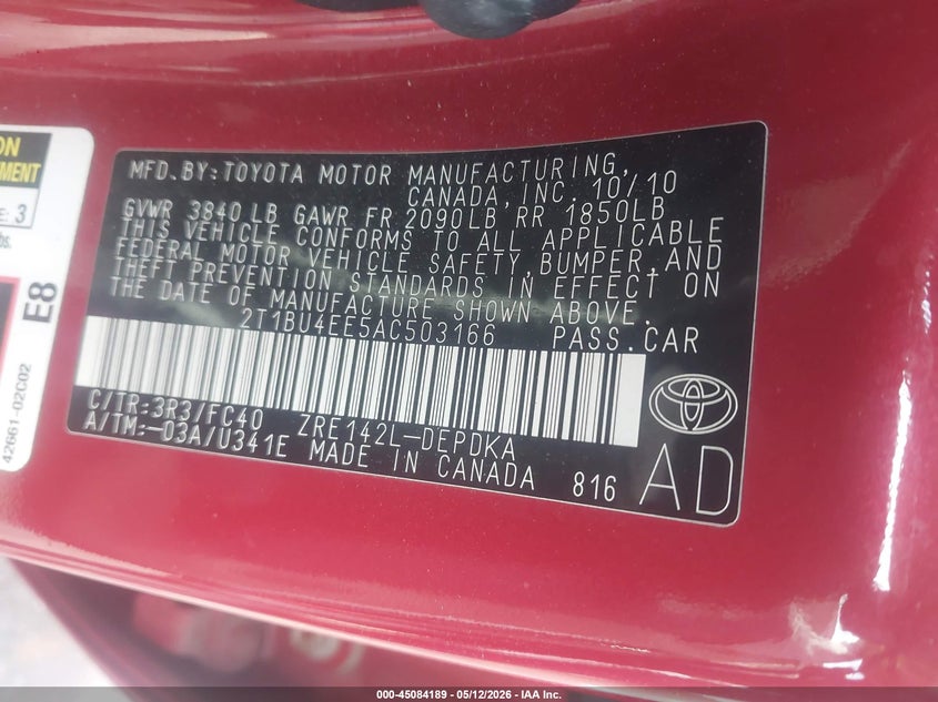 2010 TOYOTA COROLLA SEDAN 1.8L I-4 DOHC, VVT, 132HP