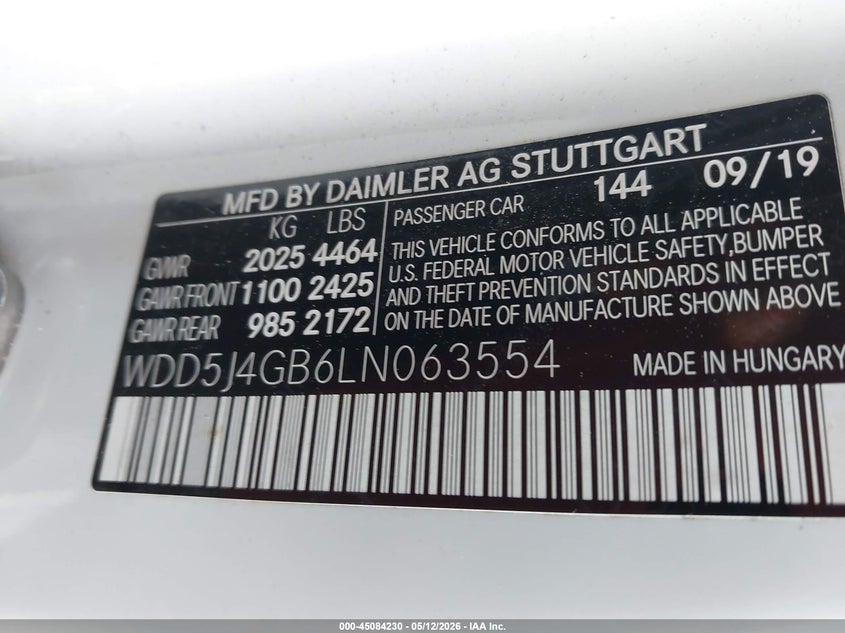 2020 Mercedes-Benz Cla 250 VIN: WDD5J4GB6LN063554 Lot: 45084230