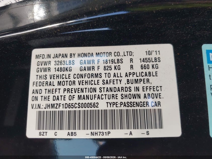 2012 Honda Cr-Z Ex VIN: JHMZF1D65CS000562 Lot: 45084420