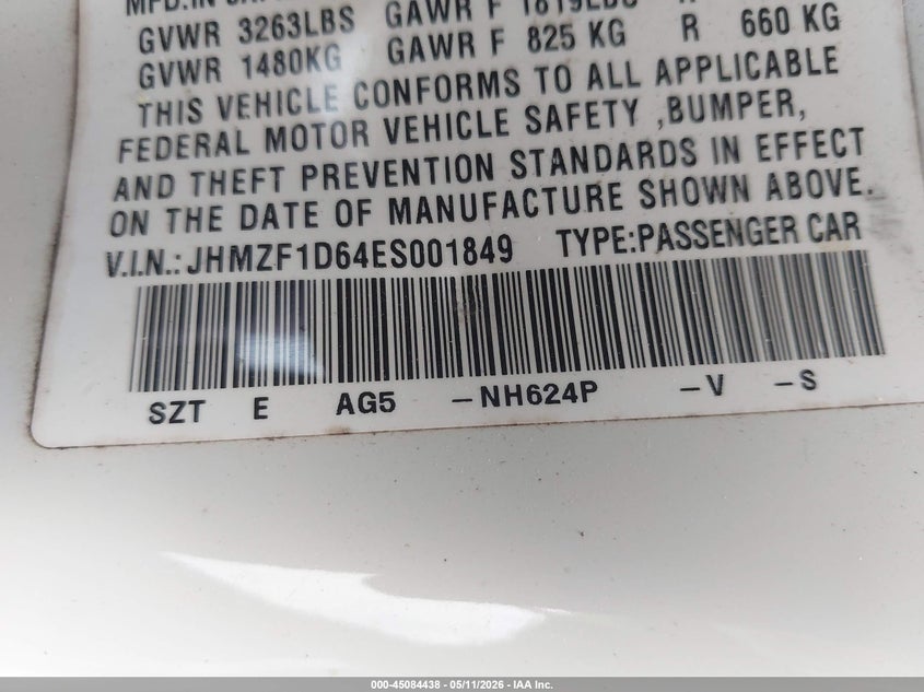 2014 Honda Cr-Z Ex VIN: JHMZF1D64ES001849 Lot: 45084438
