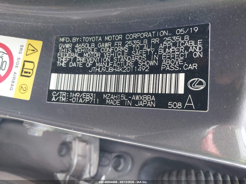 2019 Lexus Ux 250H F Sport VIN: JTHU9JBH4K2011492 Lot: 45084496