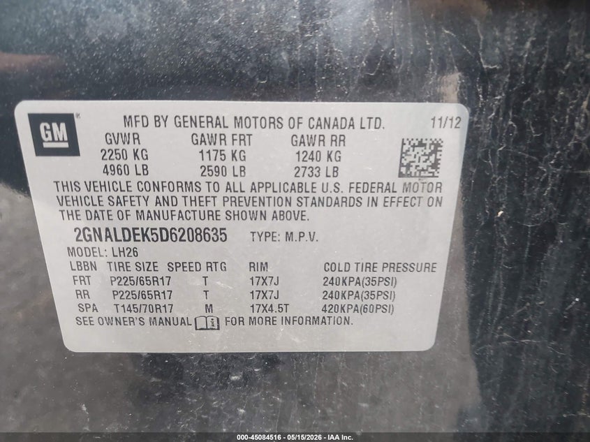 2013 CHEVROLET EQUINOX SPORT UTILITY VEHICLE 2.4L I-4 DI, DOHC, VVT, 182HP
