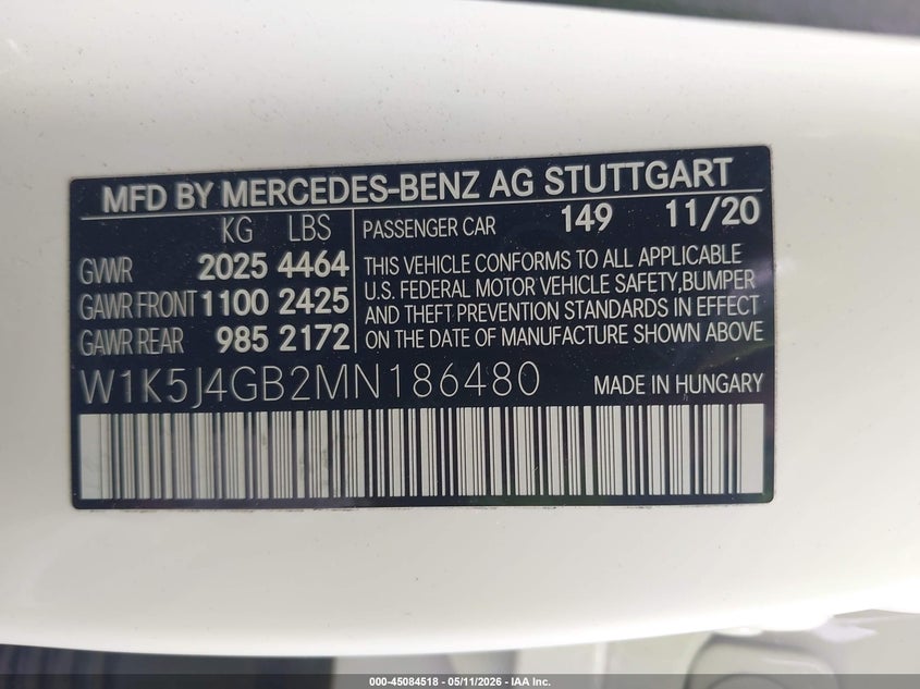 2021 Mercedes-Benz Cla 250 VIN: W1K5J4GB2MN186480 Lot: 45084518