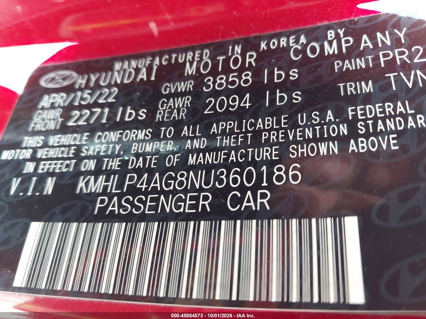 HYUNDAI ELANTRA 2022 VIN KMHLP4AG8NU360186