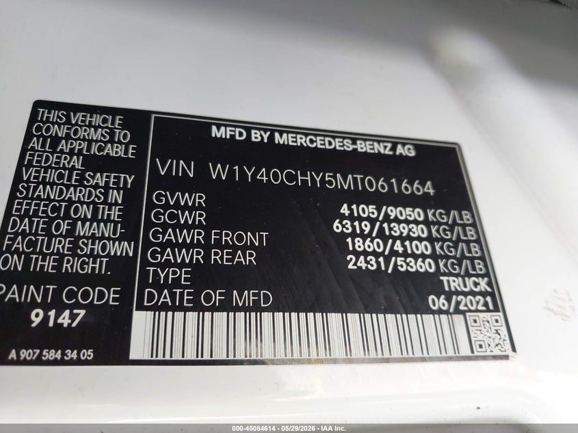 2021 Mercedes-Benz Sprinter 2500 High Roof I4 VIN: W1Y40CHY5MT061664 Lot: 45084614