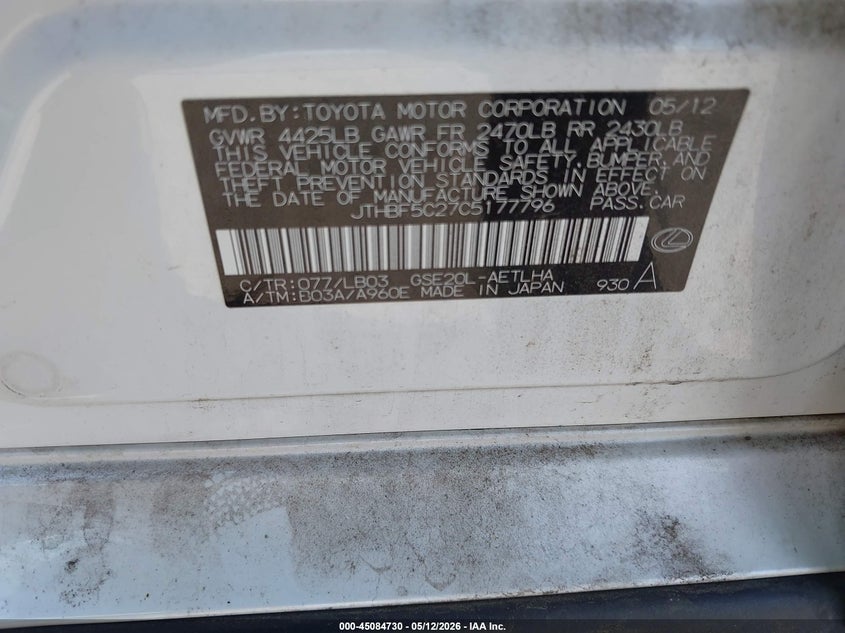JTHBF5C27C5177796 2012 Lexus Is 2.5 Is 250 White
