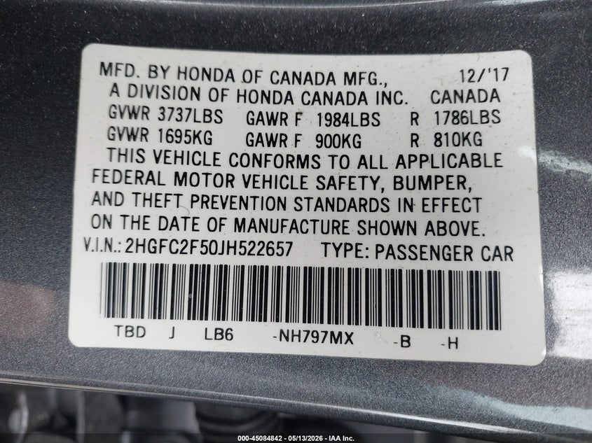 VIN 2HGFC2F50JH522657 2018 HONDA CIVIC LX