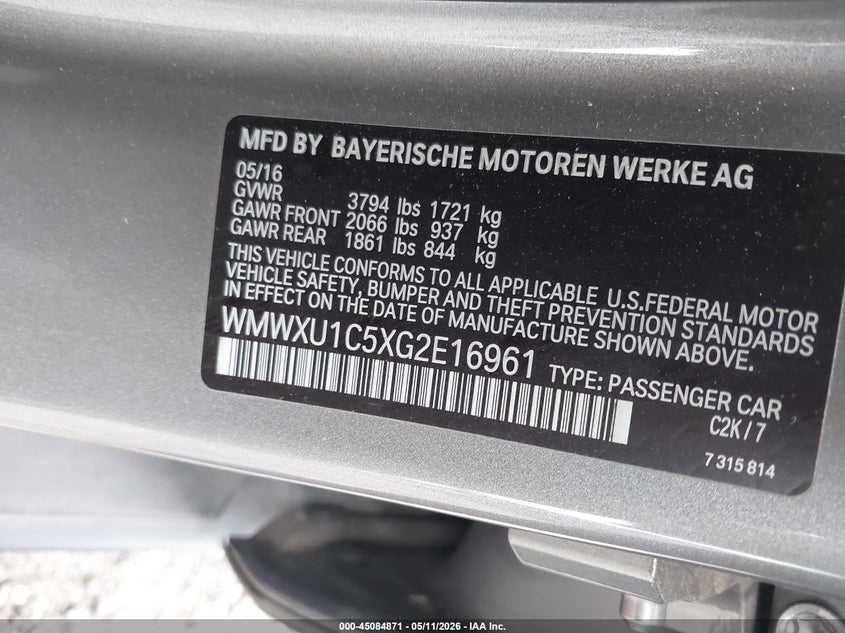 2016 Mini Hardtop Cooper VIN: WMWXU1C5XG2E16961 Lot: 45084871