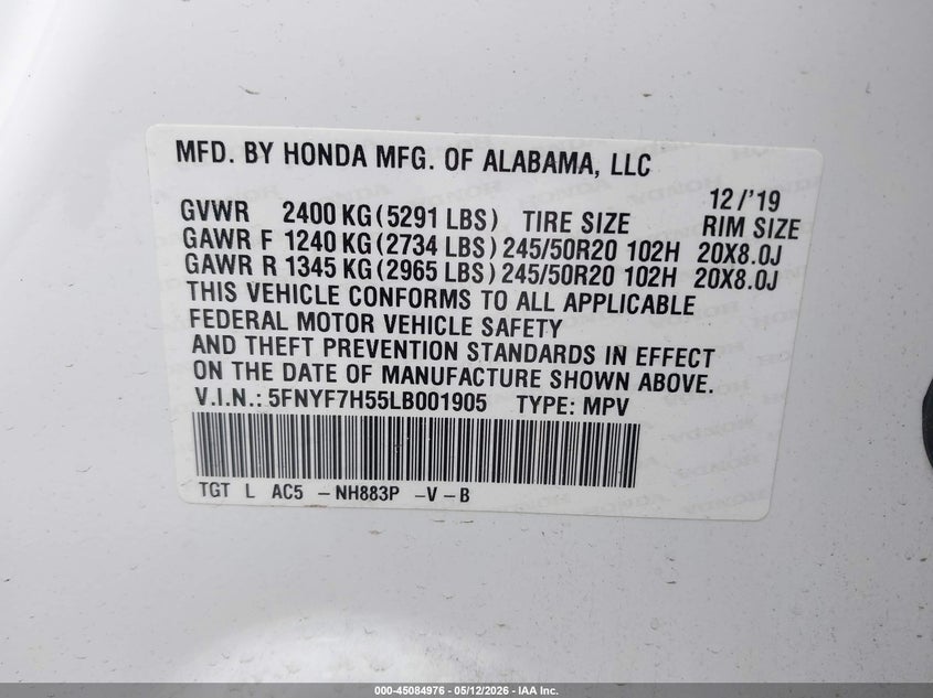 2020 Honda Passport 2Wd Ex-L VIN: 5FNYF7H55LB001905 Lot: 45084976