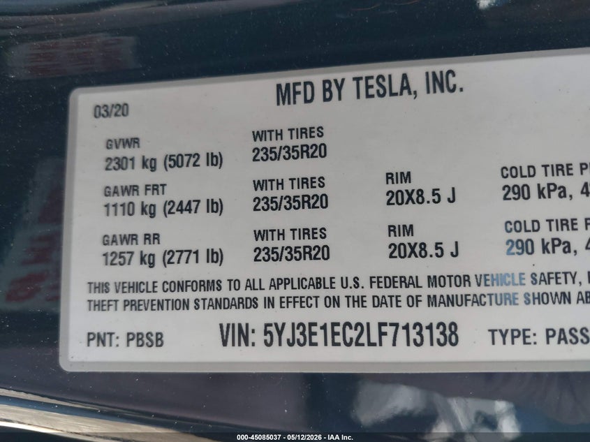 2020 TESLA MODEL 3 SEDAN U U
