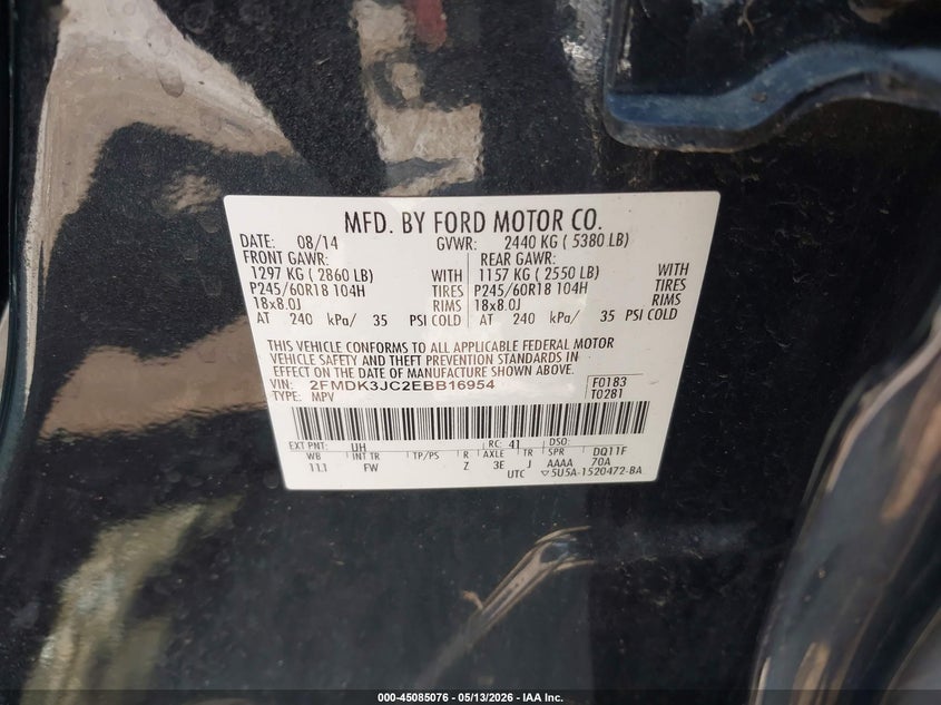 2014 Ford Edge Sel VIN: 2FMDK3JC2EBB16954 Lot: 45085076
