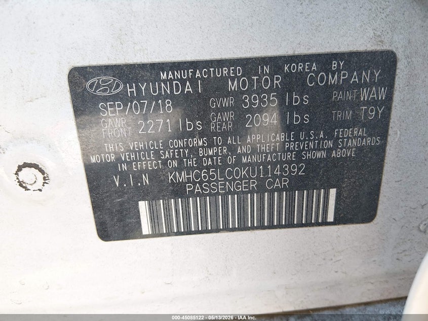 2019 Hyundai Ioniq Hybrid Blue VIN: KMHC65LC0KU114392 Lot: 45085122