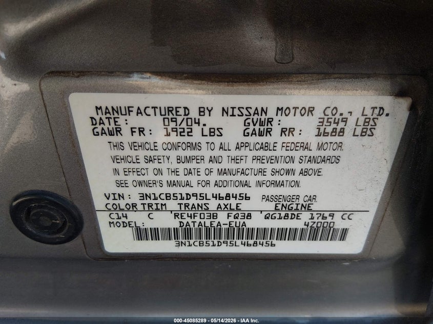 2005 Nissan Sentra 1.8S VIN: 3N1CB51D95L468456 Lot: 45085289