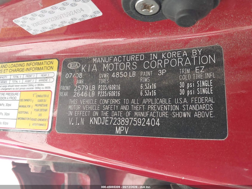 2009 Kia Sportage Lx V6 VIN: KNDJE723897592404 Lot: 45085309