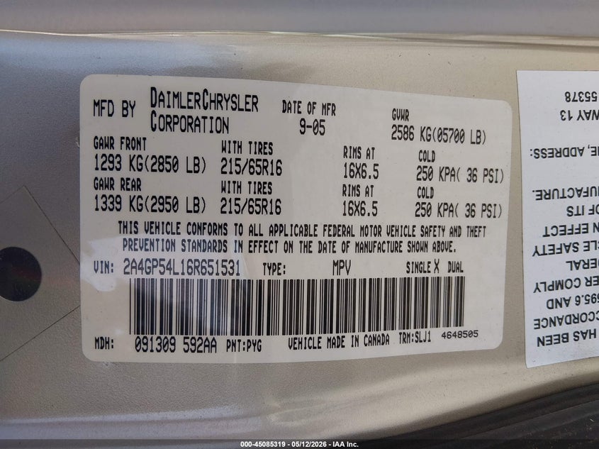 2006 Chrysler Town & Country Touring VIN: 2A4GP54L16R651531 Lot: 45085319