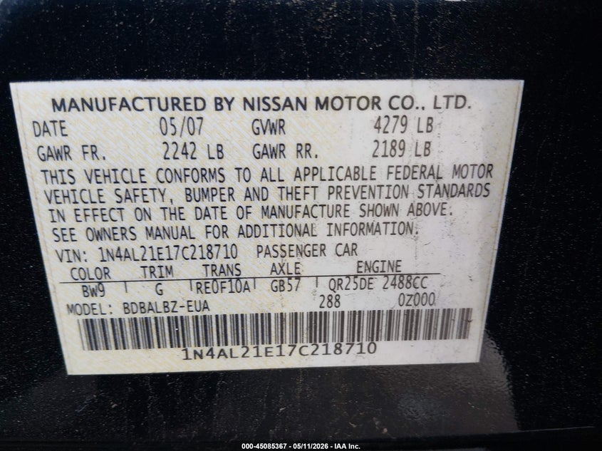 2007 NISSAN ALTIMA SEDAN 2.5L I-4 DOHC, VVT, 175HP