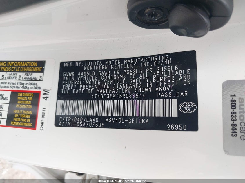 2011 TOYOTA CAMRY SEDAN 2.5L I-4 DOHC, VVT, 169HP