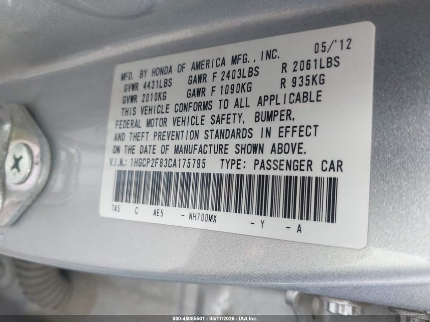 2012 Honda Accord 2.4 2.4 Ex-L grey Lot 111045085501 Vin 1HGCP2F83CA175795