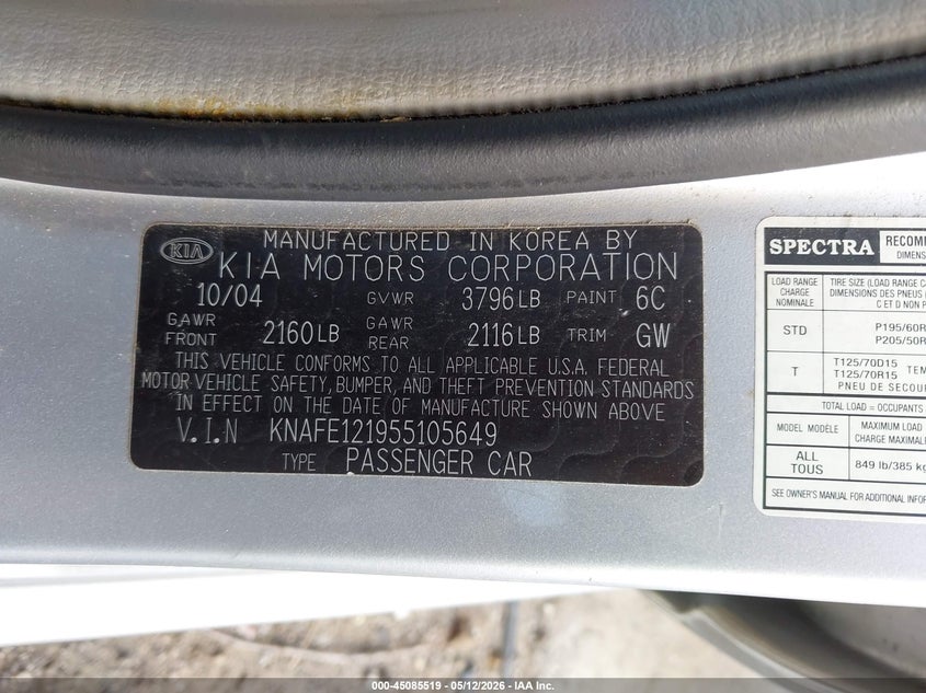 2005 Kia Spectra Ex/Lx/Sx VIN: KNAFE121955105649 Lot: 45085519