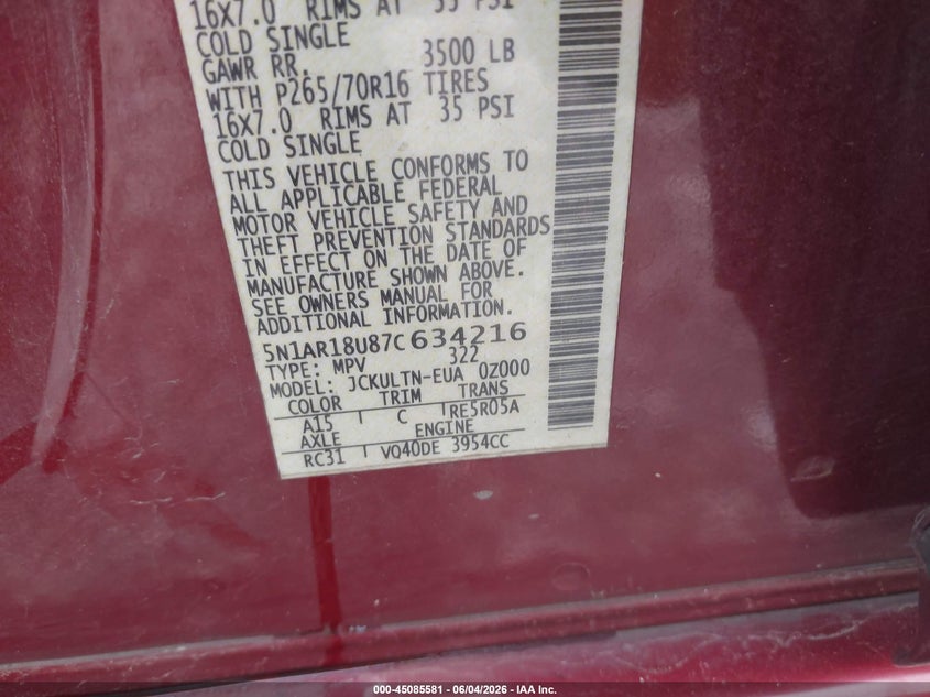 2007 Nissan Pathfinder Se VIN: 5N1AR18U87C634216 Lot: 45085581