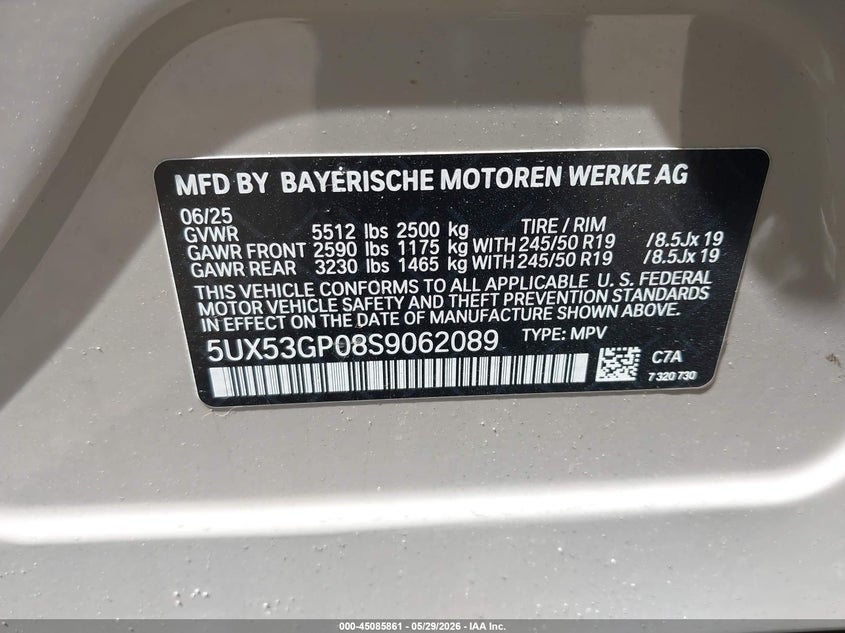 2025 BMW X3 30 xDrive VIN: 5UX53GP08S9062089 Lot: 45085861