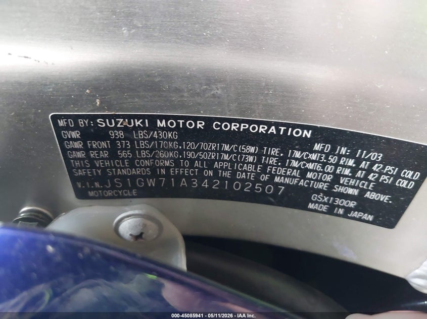 2004 Suzuki Gsx1300 R VIN: JS1GW71A342102507 Lot: 45085941