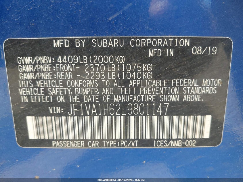 2020 Subaru Wrx Limited VIN: JF1VA1H62L9801147 Lot: 45086074