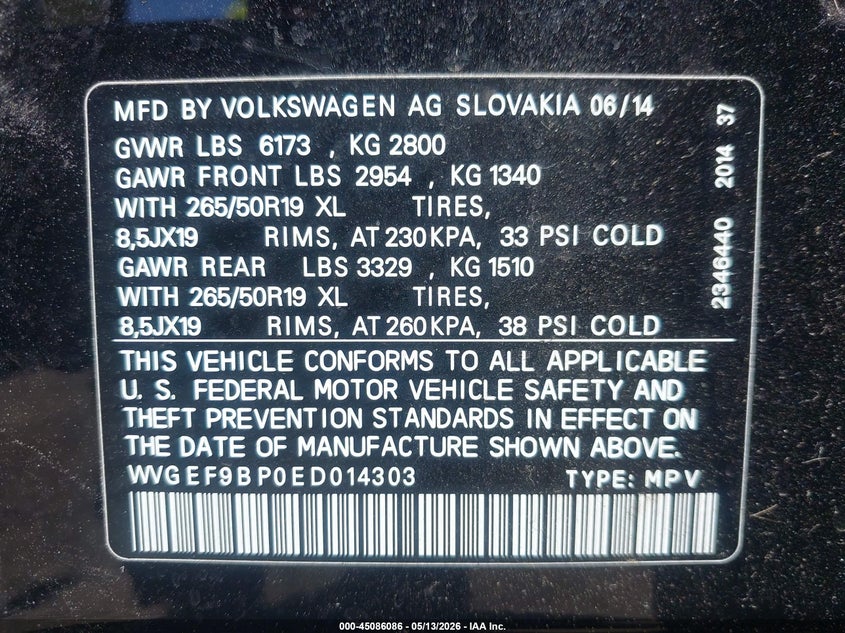 2014 Volkswagen Touareg 3.6L Lux VIN: WVGEF9BP0ED014303 Lot: 45086086