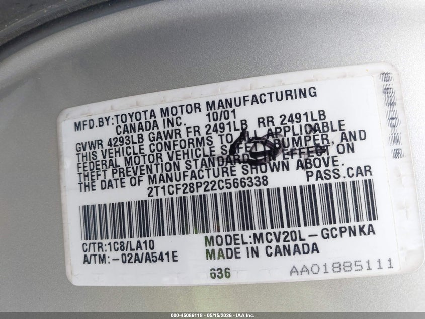2002 Toyota Camry Solara Sle V6 VIN: 2T1CF28P22C566338 Lot: 45086118