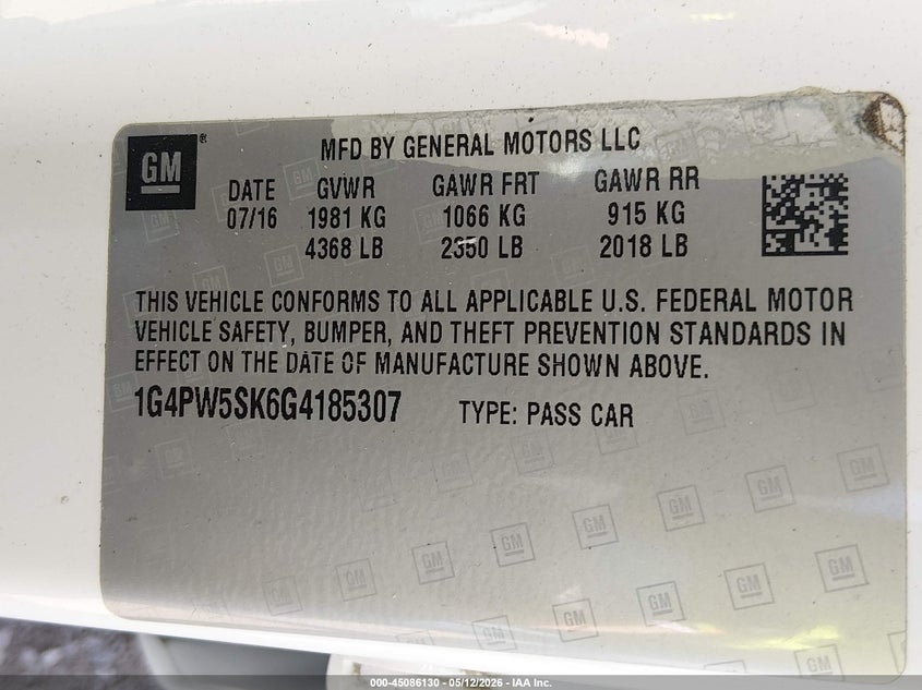 2016 Buick Verano Sport Touring Group VIN: 1G4PW5SK6G4185307 Lot: 45086130