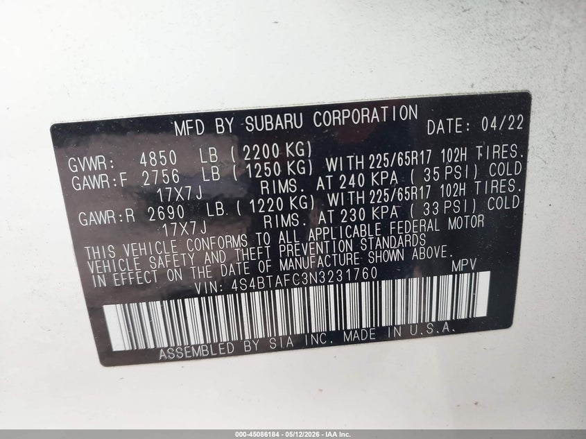 2022 Subaru Outback Premium VIN: 4S4BTAFC3N3231760 Lot: 45086184