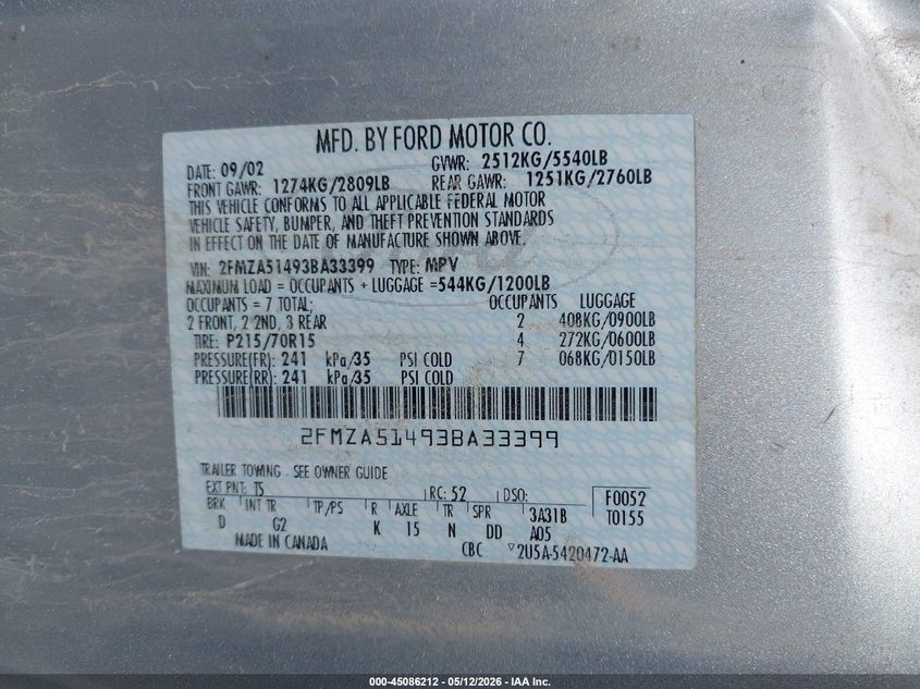 2003 Ford Windstar Lx VIN: 2FMZA51493BA33399 Lot: 45086212