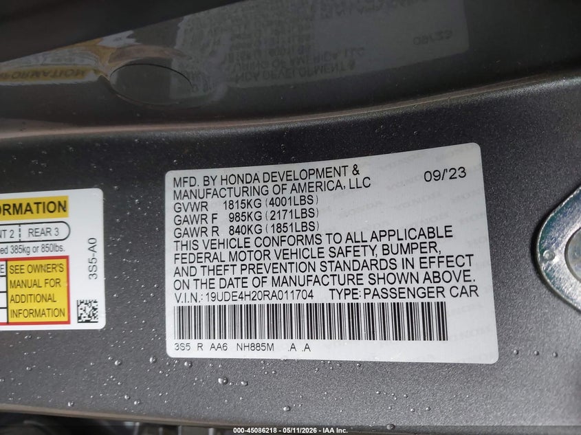 2024 Acura Integra VIN: 19UDE4H20RA011704 Lot: 45086218