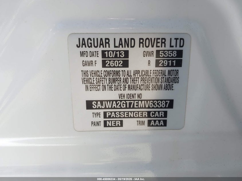 2014 Jaguar Xj Xjl Supercharged VIN: SAJWA2GT7EMV63387 Lot: 45086334