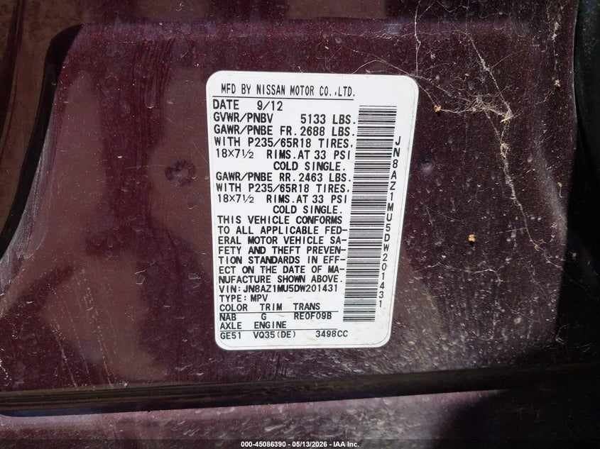 2013 Nissan Murano Sl VIN: JN8AZ1MU5DW201431 Lot: 45086390