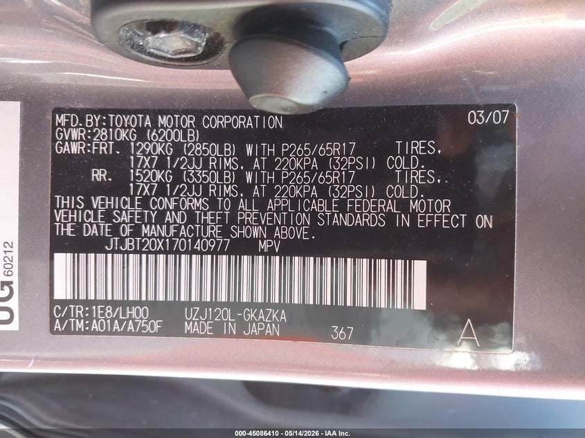 2007 Lexus Gx 470 VIN: JTJBT20X170140977 Lot: 45086410