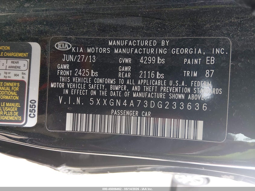 2013 KIA OPTIMA SEDAN 2.4L I-4 DI, DOHC, VVT, 200HP